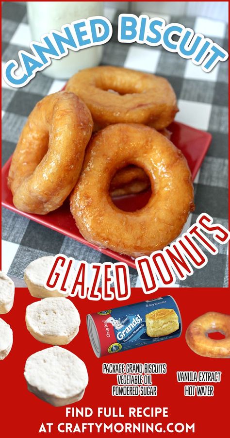 Canned Biscuit Glazed Donuts Recipe- How to make doughnuts out of canned grands biscuits. Easy breakfast idea for the kids or family. Fry dough to make donuts. Pilsbury Biscuit Doughnut, Biscuits Donuts Canned, How To Make Homemade Donuts Recipes, Diy Canned Biscuit Dough, Homemade Doughnut Recipe Canned Biscuits, Canned Biscuits Doughnut, Doughnut Recipe With Biscuits, Biscuit Dough Recipes Canned Breakfast, Donut Recipe Biscuit