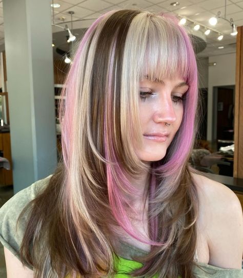 Coquette Hair Dye Ideas, Hair Dye Inspo Colorful, Pink And Blonde And Brown Hair, Cool Toned Skin Hair Color Ideas, Neopolitan Hair Curly, Pink Brown Blonde Hair, Neapolitan Ice Cream Hair, Brown Blonde Pink Hair, Neapolitan Hair Curly