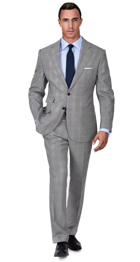 Grey Glen Check Suit Light Grey Suit And Tie Combinations, Formal Grey Suits For Men, Grey Suit Men Combination, Grey Suit And Tie, Check Suits, Grey Check Suit, Suit For Men Wedding, Grey Pants Men, Terno Slim