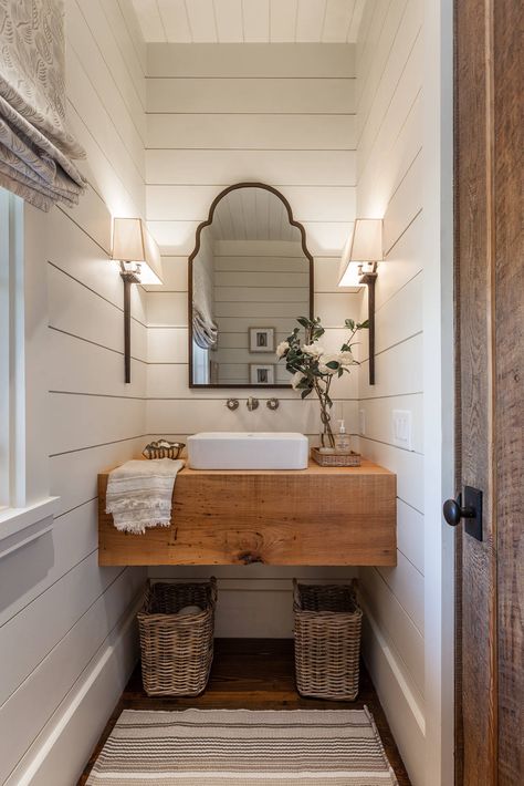 Sunrise Point - Farmhouse - Powder Room - Other - by Wright Design Bathroom Wallpaper Rustic, Small Farmhouse Bathroom, Farmhouse Bathroom Remodel, Rustic Farmhouse Bathroom, Bathroom Farmhouse Style, Casa Country, Country Bathroom, Modern Farmhouse Bathroom, Rustic Bathrooms