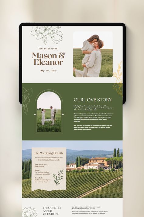 Create stunning garden wedding invitations with this editable website template on Canva. The simple and aesthetic design will impress your guests and set the tone for your special day. Personalize it to match your wedding theme effortlessly. Invitation Website, Wedding Invitation Website, Garden Wedding Invitation, Website Canva, Wedding Website Design, Canva Wedding, Garden Wedding Invitations, Simple Website, Wedding Magazine