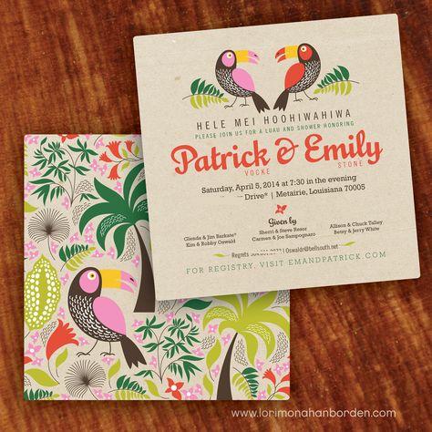 Tropical Luau couples shower invite hawaii luau birds palm tree shower wedding party www.lorimonahanborden.com loriborden@cox.net Hawaiin Wedding, Tropical Dance, Illustrated Invitations, Hawaii Theme, Enchanted Tiki Room, Couples Baby Showers, Tropical Wedding Invitations, Couples Shower Invitations, Hawaii Luau