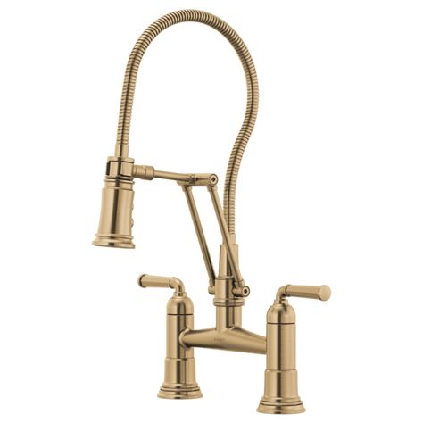 Rook® | Articulating Bridge Faucet with Finished Hose Gold Faucet Kitchen, 20th Century Aesthetic, Bridge Kitchen Faucet, Bridge Faucet, Gold Faucet, Black Kitchen Faucet, Brass Kitchen Faucet, Kitchen Finishes, Brass Kitchen