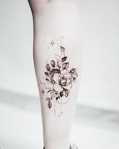 Floral Paw Print, Dog Pawprint Tattoo, Pet Tattoo Ideas, Flower Leg Tattoos, Memorial Tattoo Designs, Pet Tattoos, Feminist Tattoo, Dog Print Tattoo, Line Tattoo Ideas