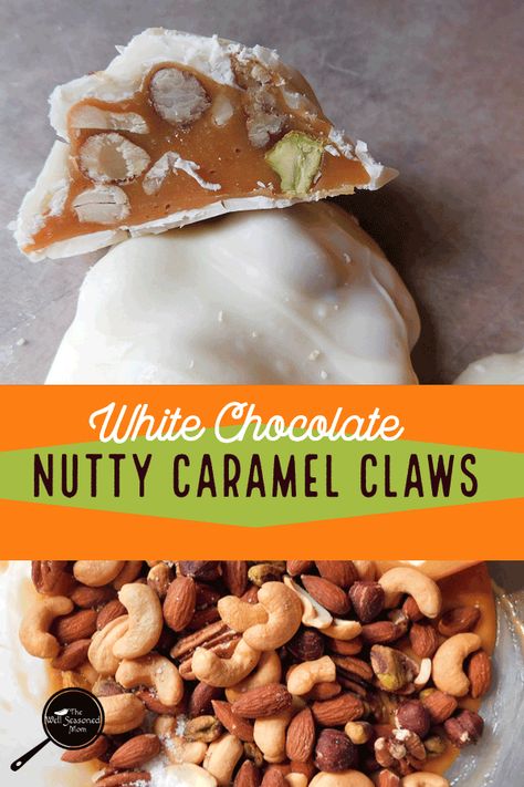 White Chocolate Nutty Caramel Claws is decadent homemade candy that is ridiculously easy to make using just five ingredients. They make perfect gifts or cookie exchange goods. #candy #mixednuts #recipe #sweets #christmas Orange Cream Tart, Polar Bear Paws, Delish Desserts, Cream Tart, Holiday Sweets, Midday Snack, Homemade Candy, American Recipes, Melting White Chocolate