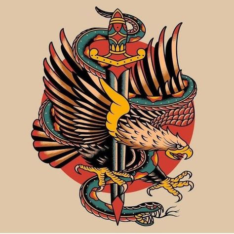 Traditional Nautical Tattoo, Traditional Back Tattoo, Traditional Eagle Tattoo, Eagle Snake, Half Sleeve Tattoos Forearm, Vintage Style Tattoos, Traditional Tattoo Old School, Traditional Tattoo Inspiration, American Traditional Tattoo Ideas