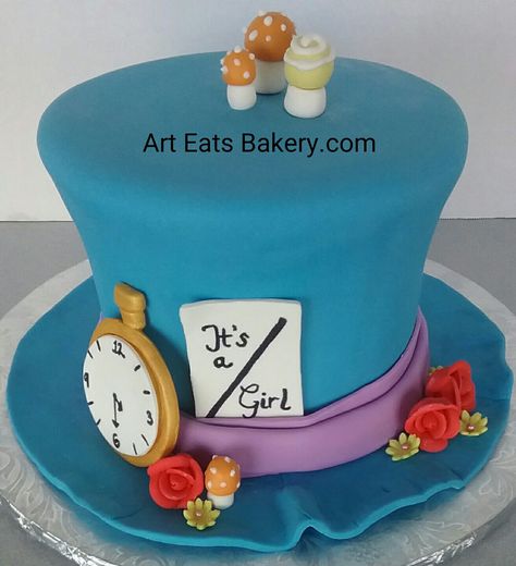 3D custom blue fondant girl's birthday cake design with edible pocket watch,  flowers and mushrooms.  Http://www.arteatsbakery.com Cheshire Cat Cake, Wedding Recipes, Alice Cheshire Cat, Cake Mix Donuts, Best Cake Mix, Alice In Wonderland Cake, Cake Designs For Girl, Cake Pop Displays, Cake 3d