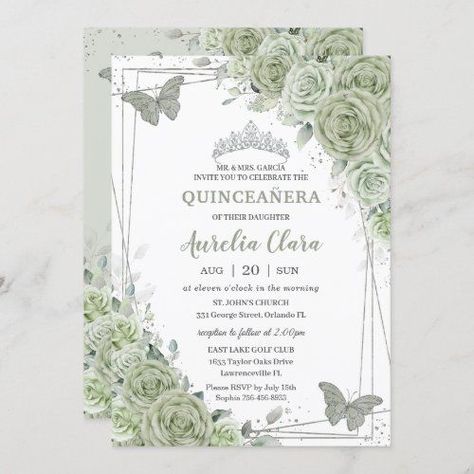 Fairy Garden Quinceanera Theme Invitations, Quinceanera Invitations Green, Light Green Quince Invitations, Sage Green Xv Invitations, Enchanted Forest Theme Quinceanera Sage Green, Quince Surprise Dance Outfits Sage Green, Sage Green 15 Dress, Quinceanera Themes Sage Green, Sage Green Venue Quince