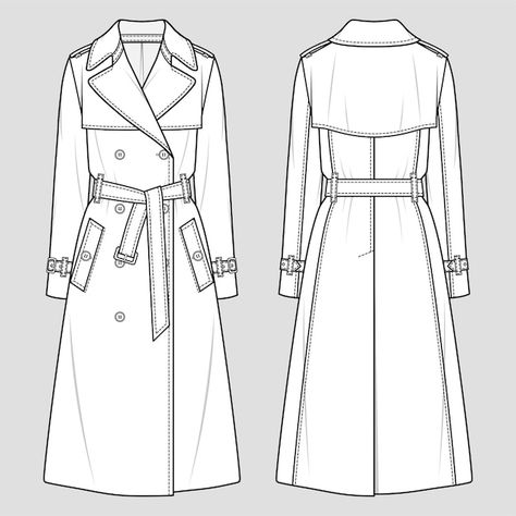 Trench Coat Art Reference, Coats Sketches, Trench Coat Sketch, Trench Coat Flat Sketch, Trench Coat Illustration, Trench Coat Side View, Trench Coat Technical Drawing, Trenchcoat Drawing, Trench Coat Drawing