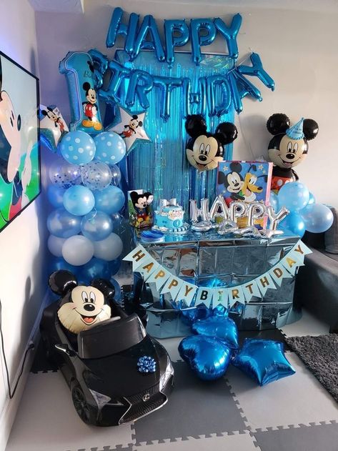 Mickey Mouse Birthday Decorations Blue, Mickey Mouse Blue Birthday, Blue Mickey Mouse Party 1st Birthdays, Blue Mickey Mouse Cake, Blue Mickey Mouse Birthday, Mickey Party Decorations, Blue Birthday Themes, Birthday Decors, Mickey Mouse Birthday Decorations