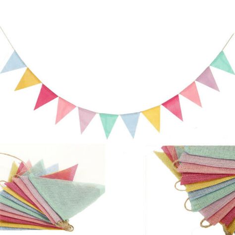 Pastel Rainbow Decor, Outdoor Bunting, Burlap Bunting, Triangle Banner, Hessian Fabric, Party Girlande, Grad Party Decorations, Pastel Party, Birthday Bunting