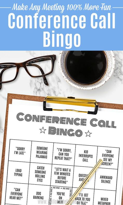 Looking for creative Office Games? These Conference Call Bingo Cards will make any Video Meeting 100% more engaging and fun! Whether you work from home or meet your corporate colleagues via Zoom, GoToMeeting, Skype, or something else, this Video Conference Bingo Game will have you and your whole team laughing. What a fun team building activity! Simply download the Free Printable Teleconference Bingo Cards today so you can play Office Bingo during your next Virtual Meeting! | Hello Little Home Conference Bingo, Office Bingo, Conference Call Bingo, Work Games, Free Printable Bingo Cards, Fun Team Building Activities, Team Building Activity, Free Bingo Cards, Virtual Meeting