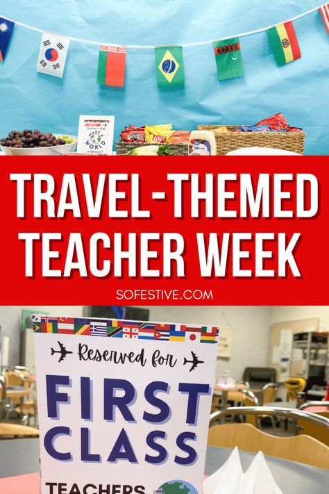 Travel-Themed Teacher Appreciation Week Ideas (& Printables) - So Festive! Teacher Appreciation Week Ideas Pta, Around The World Teacher Appreciation, Teacher Appreciation Decorations, Appreciation Themes, Teacher Appreciation Week Ideas, Appreciation Week Ideas, Teacher Appreciation Week Themes, Teacher Appreciation Themes, Teacher Appreciation Doors