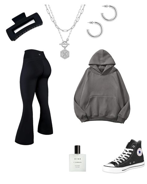 Cute Outfits Converse, Charcoal Hoodie Outfit, Outfits With Grey Hoodie, Dark Grey Flared Leggings Outfit, Black Flared Leggings Outfit Latina, Flare Out Leggings, Gray Flared Leggings Outfit, Gray Leggings Outfit Casual, Outfits With Black Flare Leggings