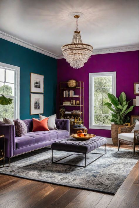 Living room with painted walls in a soothing, neutral color scheme Dark Purple Walls Living Room, Purple Feature Wall Living Room, Purple Accent Wall Living Room, Blue Couch Purple Wall, Violet Accent Wall, Room Wall Painting Ideas, Living Room Wall Painting Ideas, Purple Maximalist Living Room, Plum Living Room