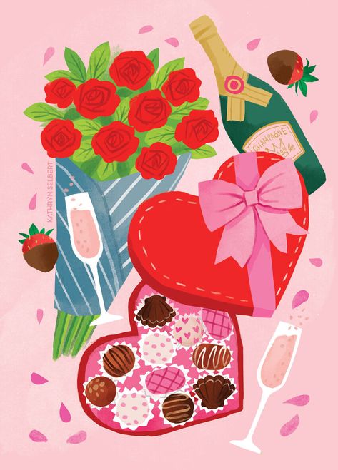 Kathryn Selbert, Valentine 2024, Lifestyle Illustrations, Illustrations Ideas, Valentine's Day Illustration, Valentines Illustration, Valentine's Ideas, Card Inspo, Chalkboard Designs