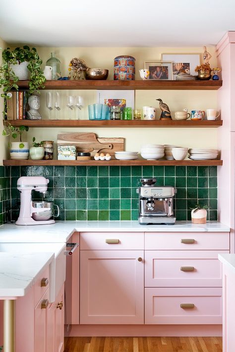 Pink Farmhouse Kitchen, Pink And Green Kitchen, Pink Kitchen Cabinets, Pink Cabinets, Colourful Kitchen, Pastel Kitchen, Green Kitchen Cabinets, Charming Kitchen, Eclectic Kitchen