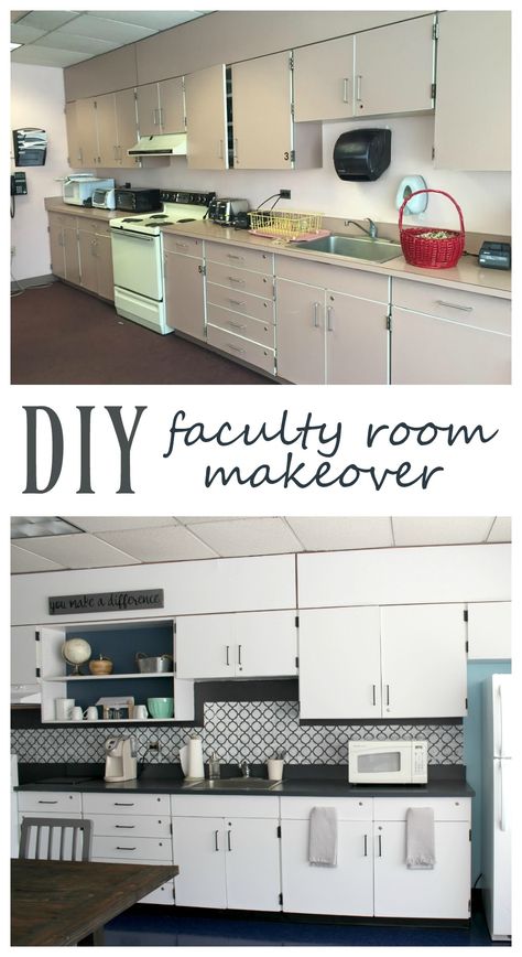 Amazing DIY small budget faculty room makeover - you won't believe how this room was transformed in such a small amount of time! Teacher Lounge Makeover On A Budget, Staff Wellness Room, Teachers Lounge Makeover On A Budget, Faculty Room Makeover, Small Break Room Ideas, Break Room Ideas, Breakroom Ideas, Teachers Lounge Decor, Faculty Room