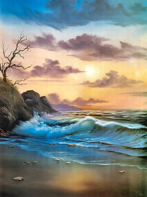 By the Sea ~ Bob Ross Bob Ross Seascape Paintings, Bob Ross Landscape, Bob Ross Art, Beach At Dusk, Easy Landscape Paintings, Bob Ross Paintings, The Joy Of Painting, Waves Crashing, Adventure Time Anime