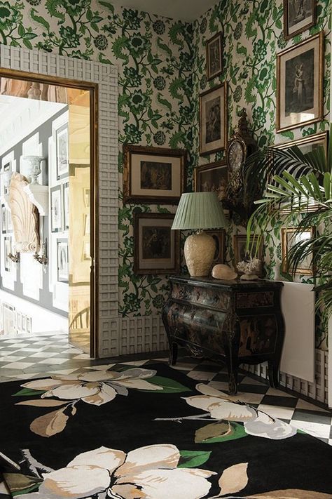 5 Ways To Bring The Moody Floral Trend Home - Antique Gallery Wall, Green Floral Wallpaper, Nursery Accent Wall, Floral Trends, Rug Company, Bathroom Wallpaper, Black Rug, Contemporary Rugs, Beautiful Interiors