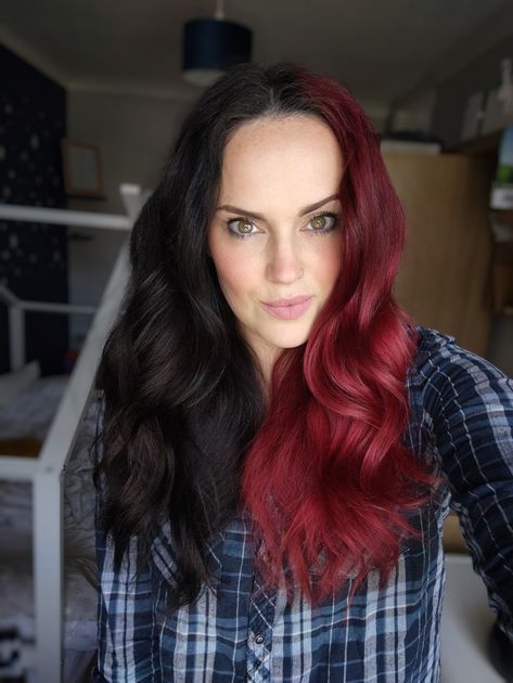 Magenta Split Dye, Half Maroon Half Black Hair, Split Dyed Hair Red And Brown, Burgundy Split Dye, Red And Brown Split Dye, Split Dye Red And Black, Black And Red Split Dye, Red Split Dye Hair, Red And Black Split Dye