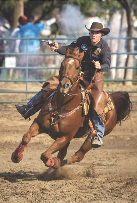 In this live-action photo Cowboy Mounted Shooting competitor Colt Worley illustrates how a single-action revolver requires two motions to fire it, as opposed to the single operation needed to discharge a double-action revolver. Cowboy Killer, Mounted Shooting, Cowboy Action Shooting, Rodeo Rider, Photo Study, Deer Species, Concept Ideas, Cowboy Art, Action Poses