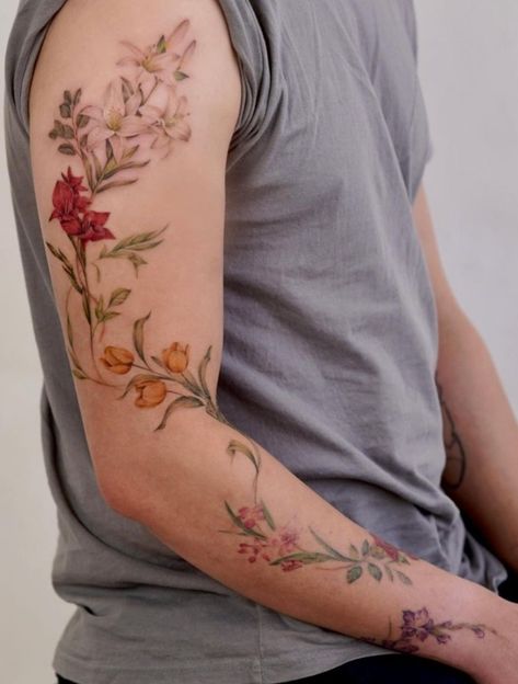 Therapy Tattoo, Wildflower Tattoos, Arm Tattoos Color, Arm Wrap Tattoo, Floral Arm Tattoo, Around Arm Tattoo, Wrap Tattoo, Z Tattoo, Wildflower Tattoo