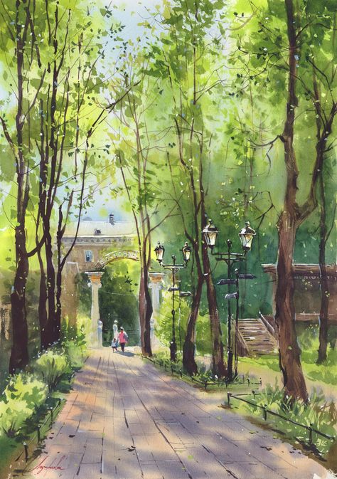 May plein air in the park, 2022 :: Behance Park Scene Drawing, Watercolor Plein Air, Watercolour Painting Landscape, Park Drawing, John Lovett, Park Watercolor, Park Illustration, Park Painting, Landscape Watercolour