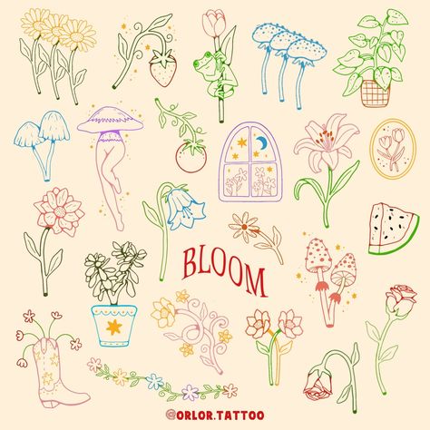 new mushroom and flower handpoke flashsheet! 🍄 🌷 really excited for these! available now to tattoo :) happy to include some of these in my 3 for £150 deal so just ask me about which ones you’re interested in! available in black or colour! swipe for colour options but can do any colours you like. we can also do these designs with shading too and I can edit any design slightly for you as well. and I can do any word in the “bloom” style message or use my booking form to book yours 🥳 evenings... Flower Doodle Tattoo, One Color Drawing, Tattoo Colourful, Coloured Tattoos, Tattoo Happy, Happy Doodle, Colour Tattoos, Cute Flower Drawing, Four Leaf Clover Tattoo