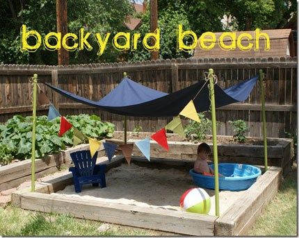 This is such a fun idea for your kids. Create a sandbox with a beach feel. Add a canopy and a kiddie pool and your child will have his/her own little beach haven. See how they did at at  Wray Sist3… Kid Friendly Backyard, Play Area Backyard, Outdoor Play Area, Backyard Beach, Diy Outdoor Decor, Backyard Play, Have Inspiration, Kids Play Area, Backyard For Kids