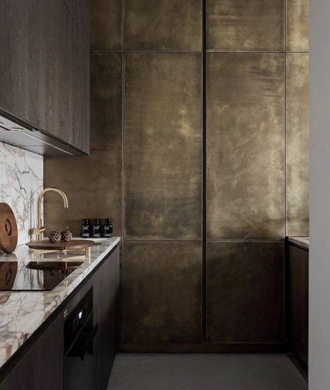 Metal Kitchen Cabinets, Stainless Steel Kitchen Cabinets, Steel Kitchen Cabinets, Unique Kitchen Design, Concrete Effect Paint, Latest Kitchen Designs, Brass Interior, Stainless Steel Cabinets, Brass Kitchen