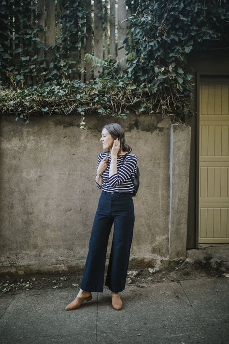 My Favorite Wide Leg Pants: Jess Kamm Sailor Pants in Midnight Sailor Pants Outfit, French Minimalist Style, Jesse Kamm Sailor Pant, Kamm Pants, Classic Summer Outfits, Jesse Kamm, Mom Of Three, Sailor Pants, Tired Mom