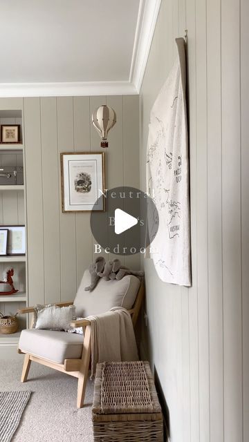 Charlotte Jade Priestley | Home interiors & Lifestyle on Instagram: "My neutral boys bedroom 🤍

Although I loved the colour of the boys old room this colour is one of my favourites I just think it suits the panelling and all the wooden accents so well! 

Colour is ‘Cargo’ @coatpaints pr 

The boys new hot air balloon is from @pineandpearco isn’t it beautiful! Gifted* 

#boysroominspo #boysroomdecor #boysroomideas #boysroomstyling #kidsbedroom #kidsbedroomdecor #kidsbedrooms #childrensroomdecor #childrenroomdesign #tongueandgroove #panelling #panelledwalls #shiplap #neutralkidsroom" Wood Panelling Nursery, Neutral Nursery With Panelling, Panelling Boys Bedroom, Wallpaper And Panelling Kids Bedroom, Pannelling With Shelf, Neutral Kids Room, Old Room, Childrens Room Decor, Kids Bedroom Decor