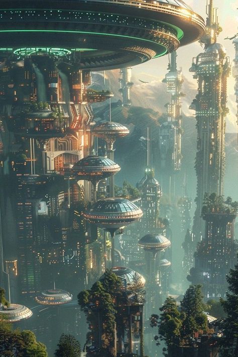 Solarpunk City Concept Art, Scifi Landscape, Fantasy Future, Scifi City, Sci Fi Architecture, Sci Fi Landscape, Sci Fi City, Arte Cyberpunk, Cityscape Art