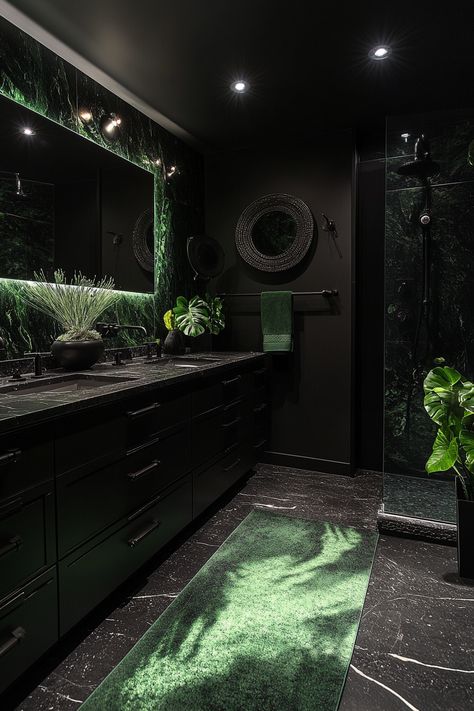 13 Black Powder Room Designs To Inspire Your Dark Side - DreamyHomeStyle Dark Color House Interior Design, All Black Vanity, Dark Green Gothic Bathroom, Black White And Emerald Green Bathroom, Dark Green And Black Bathroom Ideas, Deep Color Bathroom, Dark Green Black Bathroom, Black And Emerald Bathroom, Black And Green Bathroom Decor