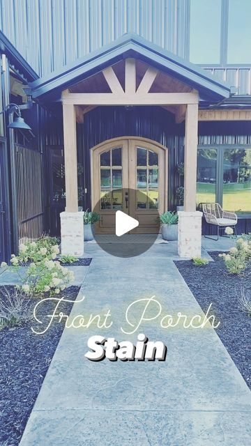 Sarah Beth Knepp on Instagram: "Lots of questions on our exterior stain lately! 

•Our porch columns are self-milled white oak and stained with @minwaxusa fruitwood then sealed with @varathane exterior oil based in clear satin. 
•Our front door is mahogany stained with @minwaxusa special walnut and fruitwood mixed then sealed with the same @varathane 
•Ceiling is pine tongue and groove stained to color match our @minwaxusa fruitwood columns. Our painter color matched @sherwinwilliams DM me for the exact recipe! 

#frontporch #patiodesign #frontdoorsofinstagram #blackhouse #blackbarn #mahoganydoors #tongueandgroove" Porch Columns, Mahogany Doors, Exterior Stain, Black Barn, Mahogany Stain, Tongue And Groove, Patio Design, White Oak, Black House