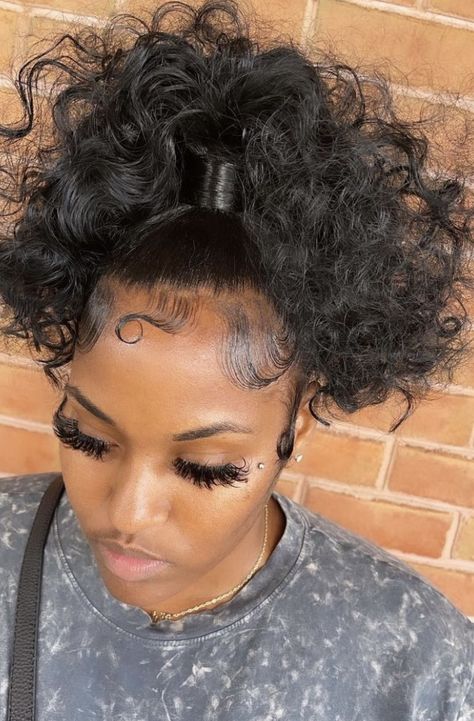 Curly Weave Bun Hairstyles, High Top Ponytail Weave, Curly Updo Ponytail Black Women, Baddie High Ponytail, Pom Pom Ponytail Black Women Weave, Cute Ponytails Black Women, Organique Water Curl Ponytail, Curly Pontail Hairstyles For Black Women, Weave High Ponytail Hairstyles