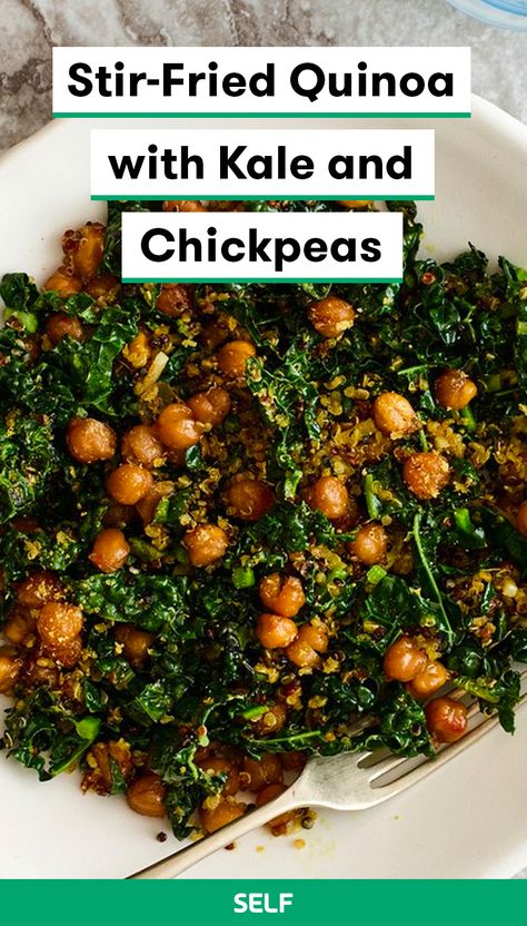 Kale And Chickpeas, Chickpeas Quinoa, Protein Dinner Recipes, Fried Quinoa, Salad Kale, High Protein Vegetarian Recipes, High Protein Vegan Recipes, Chickpea Salad Recipes, Vegan Salad Recipes