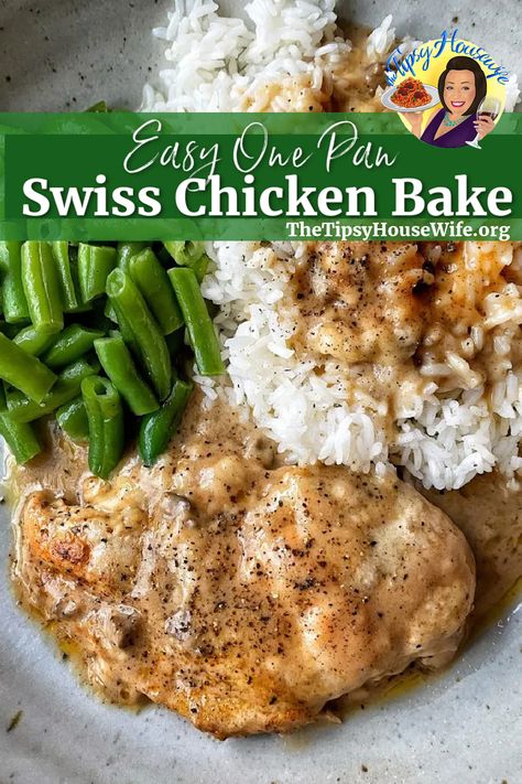 The photo shows a delicious baked chicken with rice with a brown gravy and a side of green beans. The brightly colored banner displays the name of the recipe, "easy one pan chicken bake." Swiss Chicken Recipe, Boneless Skinless Chicken Breast Recipes Baked, Housewife Recipes, Swiss Chicken Bake, Chicken Bake Recipe, Swiss Chicken, Tipsy Housewife, Chicken Bake, Easy Baked Chicken