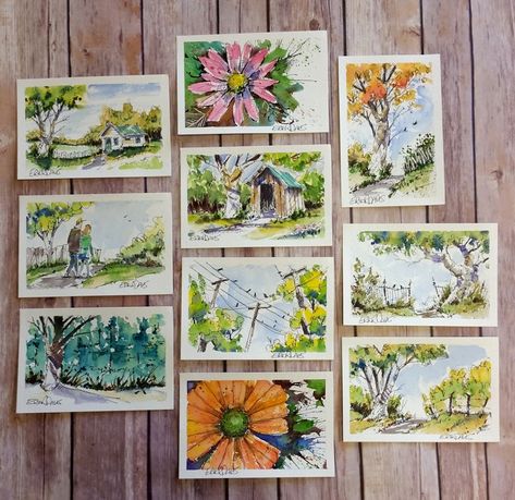 Erik Davis - Watercolor Postcards - Strathmore Artist Papers Watercolor Post Cards, Post Card Painting, Postcard Painting Ideas, Postcard Watercolor Ideas, Postcard Drawing Ideas, Postcards Drawing, Watercolor Postcards Ideas, Painting Postcards, Watercolor Sketchbook Spread