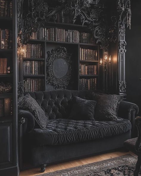 Goth She Shed Ideas, Gothic Attic Bedroom, Gothic Reading Corner, Gothic Sitting Room, Creepy Library Aesthetic, Goth Aesthetic House, Dark Reading Nook, Gothic Reading Nook, Gothic Library Room