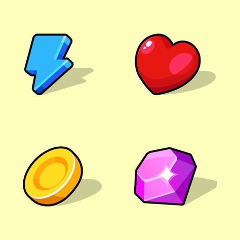 Fantasy ui game icon heart diamond flash... | Premium Vector #Freepik #vector #gold #heart #object #set Energy Icon, Game Gem, Coin Icon, Diamond Icon, Game 2d, Ui Game, Diamond Vector, Cartoon Heart, Mobile Games