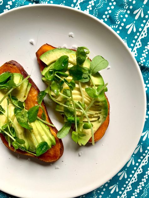 Avocado Toast With Honey, Elevated Avocado Toast, Potato Avocado Toast, Paleo Avocado Toast, Sweet Potato Avocado Toast, Avocado Toast With Protein, Sweet Potato Avocado, Potato Avocado, Microgreens Recipe