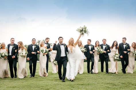 Formal Wedding Groomsmen, Black Suit Bridal Party, Bridal Party Formal Photos, Must Have Bridal Party Photos, Black Bridal Party Attire Summer, Formal Bridal Party, White Bridal Party Dress, Large Bridal Party Photos, Black Suit Summer Wedding