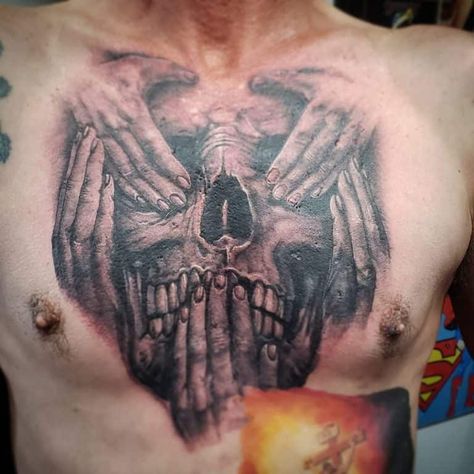 See No Evil Speak No Evil Tattoo, Evil Tattoo Ideas, Good And Evil Tattoos, See No Evil Tattoo, Skull Thigh Tattoos, No Evil Tattoo, Evil Clown Tattoos, Evil Skull Tattoo, Skull Girl Tattoo