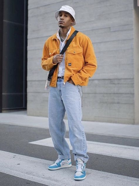 Street Wear Colorful, Men Colourful Outfit, Orange Denim Jacket Outfit, Bright Jeans Outfit, Orange Jacket Outfit Street Style, Bright Color Men Outfit, Color Blocking Outfits Men, Colorful Mens Outfits, Big Jacket Outfits