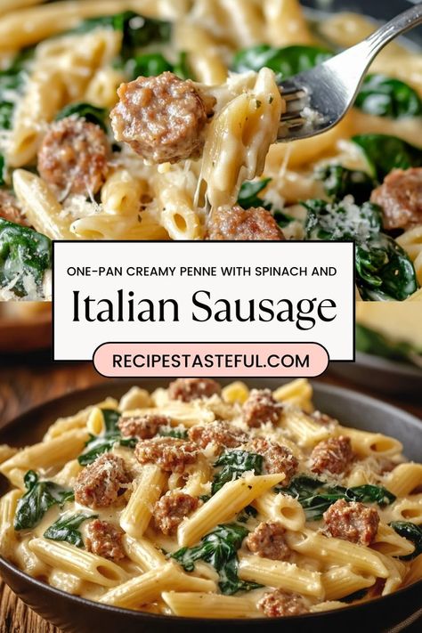 This One-Pan Creamy Penne with Spinach and Italian Sausage is a quick and delicious meal ideal for busy weeknights. The creamy sauce, savory Italian sausage, and fresh spinach come together to create a comforting dish that the whole family will love. Best of all, with just one pan to clean, it’s a simple and hassle-free dinner option! Pasta Sausage Spinach Recipes, Creamy Italian Sausage Pasta Recipes, Spinach Sausage Recipes, Italian Sausage And Spinach Recipes, Sausage And Spinach Recipes, Italian Pork Sausage Recipes, Sausage Link Dinner Ideas, Italian Sausage Spinach Pasta, Egg Noddle Recipes