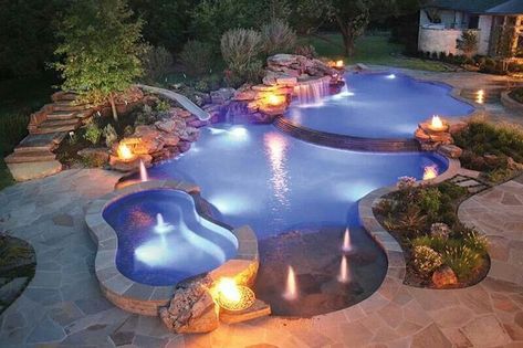 Luxury pool...all it needs is a lazy river around it. Hot Tub Backyard, Pool Renovation, Waterfalls Backyard, Pool Waterfall, Luxury Pools, Backyard Pool Landscaping, Dream Pools, Backyard Playground, Backyard Pool Designs