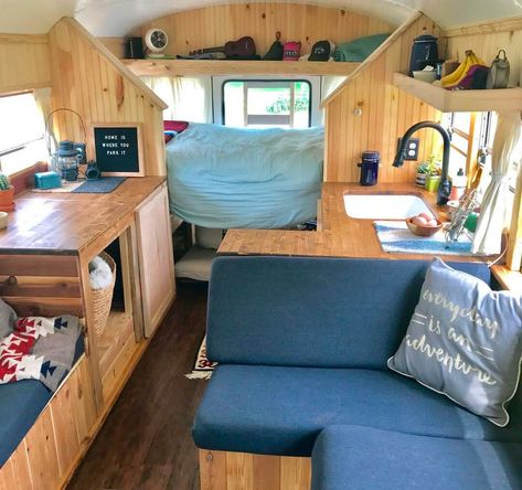 Cozy interior of a school bus conversion. I love all of the seating space and it's a low budget build! School Bus Rv Conversion, Nomadic Living, Bus Rv Conversion, Rv Design, School Bus Camper, School Bus House, Rv Redo, Travel Vans, Bus Ideas