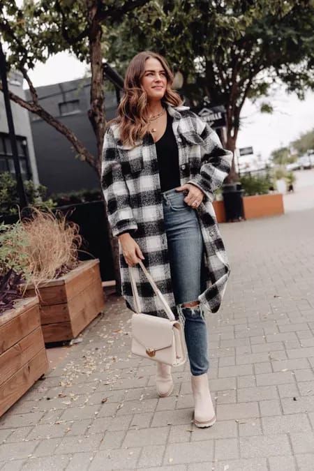 We love a shacket. 👏🏼 ESP an extra long one like this that is currently 40% off. My bodysuit & boots are also on sale! Wearing a S bodysuit, S shacket, & my true size in the jeans & boots. Buddy love, shacket, plaid shacket, long jacket, bodysuit, black bodysuit, tan boots, suede boots, lug boots #LTKshoecrush #LTKsalealert Shacket Outfit Women, Long Shacket, Shacket Plaid, Fall Outfit With Boots, Shacket Outfit, Winter Outfits 2020, Winter Sweater Outfits, Lug Boots, Buddy Love